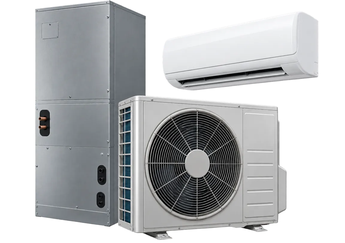 A cold-climate heat pump system: an indoor air handler, the outdoor unit and a wall-mounted indoor head