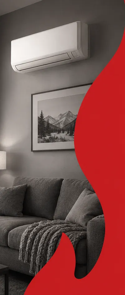An indoor heat pump wall unit mounted above a living room sofa