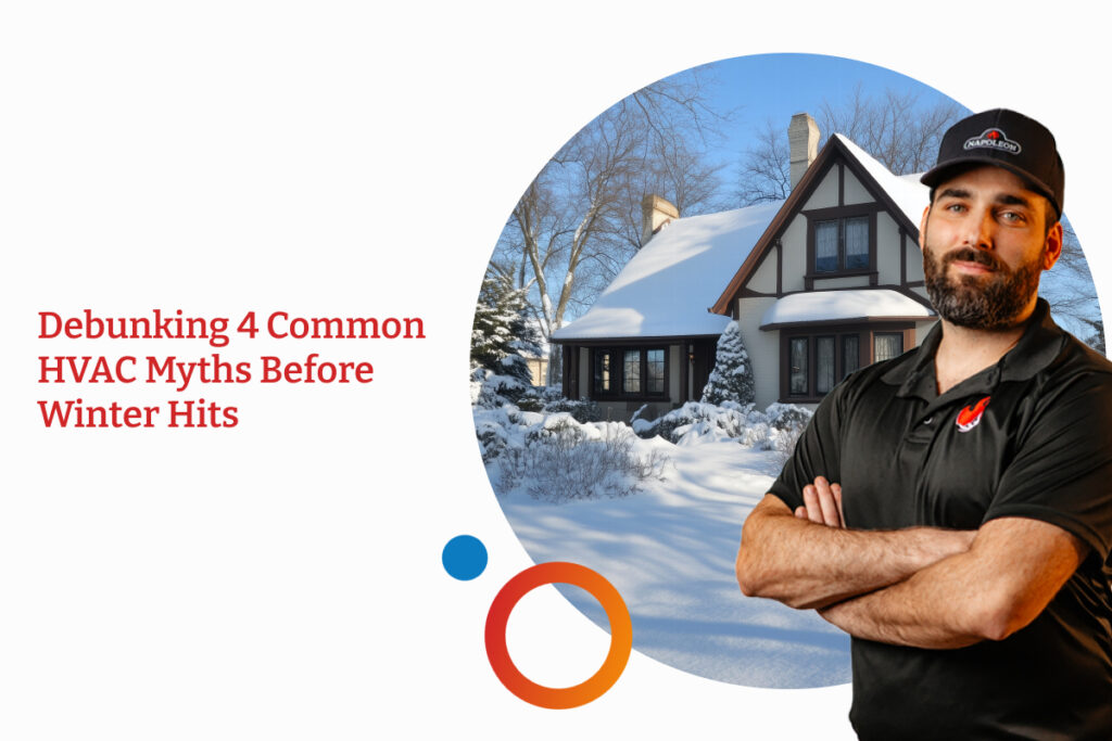 A technician stands proudly next to a beautiful cozy house with snow on its roof. Whyte Ridge HVAC is ready to help you be properly prepared for the cold this coming winter season.